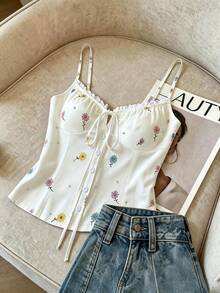 SHEIN Women's Summer Floral Lace Ribbon Tie Strap Camisole - Multicolor - View 4