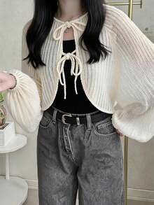 FRIFUL Atasan Wanita Model Regular Berlapis dengan Kain Bertekstur Ribbed Korea Terbaru untuk Awal Musim Gugur, Model Ikat Depan, dan Model Lucu. - Aprikot - View 1
