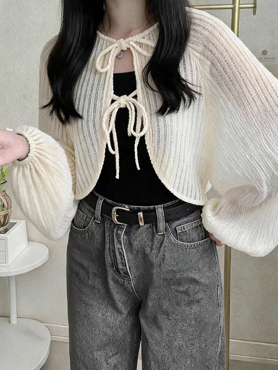 FRIFUL Atasan Wanita Model Regular Berlapis dengan Kain Bertekstur Ribbed Korea Terbaru untuk Awal Musim Gugur, Model Ikat Depan, dan Model Lucu. - Aprikot - View 1