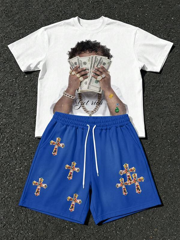 Manfinity EMRG Men's 2-Piece Streetwear Set, White Crew Neck Short Sleeve T-Shirt With "Get Rich" Money Print, Blue Rhinestone Cross Print Drawstring Shorts, Summer Casual Vacation Festival Concert Party Outfit