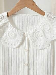 SHEIN Girls Elegant Cute White Blouse Long Sleeve Embroidered Eyelet Ruffle Collar Striped Button Front Princess Blouse For Autumn Party School Birthday - White - View 3