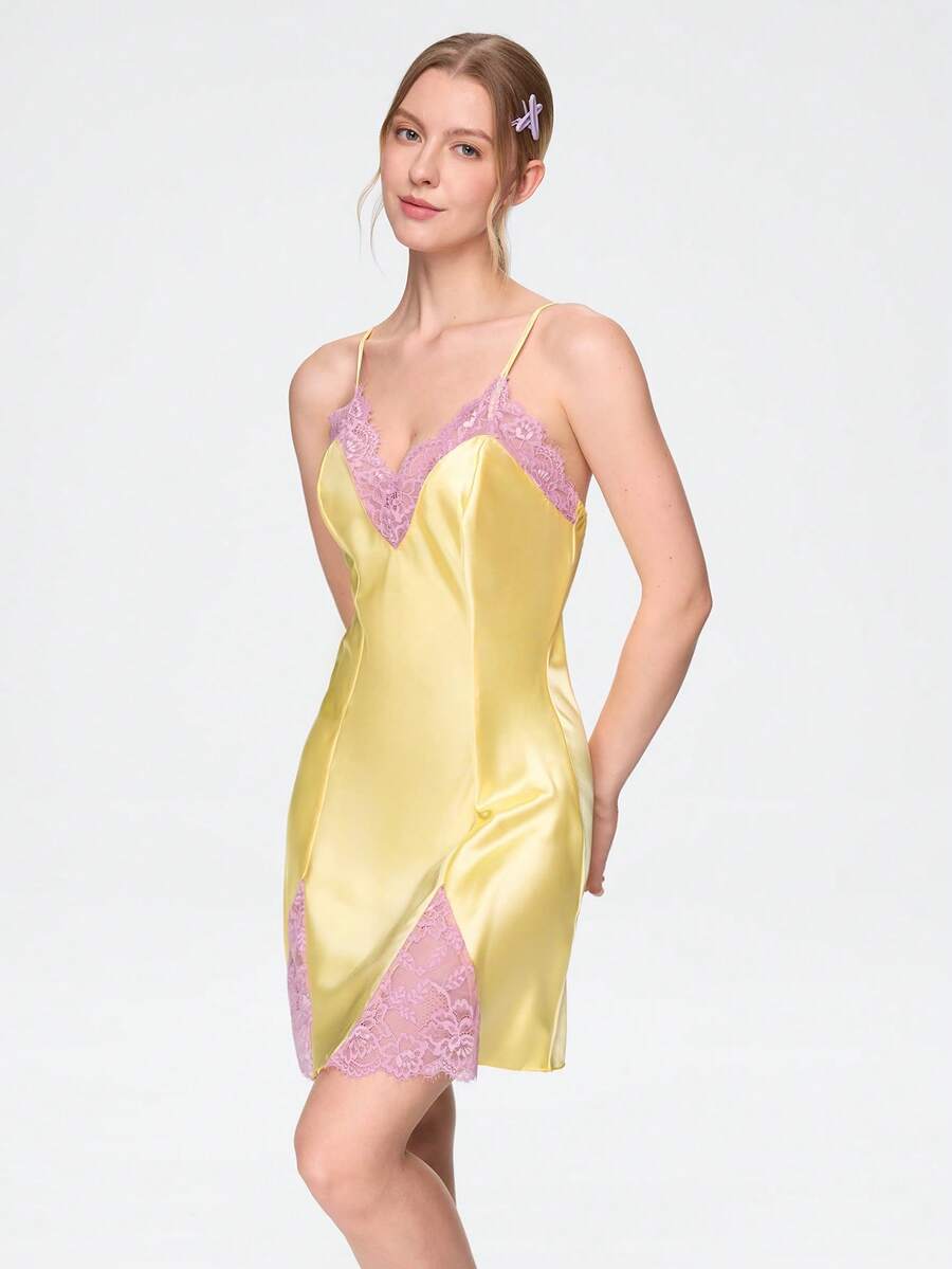 Bonmuse 1件女款性感細肩帶睡裙,絲滑緞面睡衣,蕾絲飾邊對比色睡裙,四季適用 - 黃色 - 查看 1