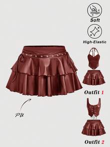SHEIN MOD 大尺碼女款純色PU皮革時尚百搭迷你裙 秋季 - 紅色 - 查看 1