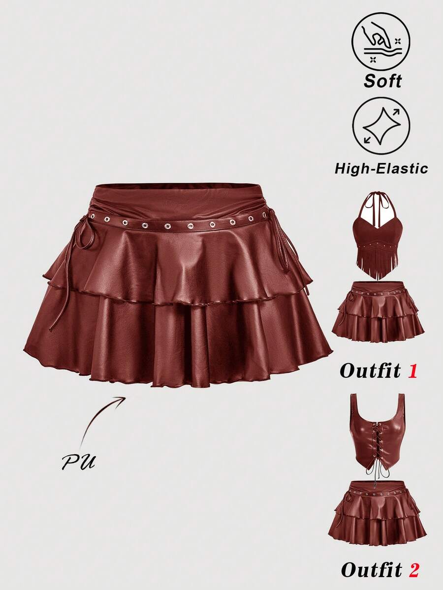 SHEIN MOD 大尺碼女款純色PU皮革時尚百搭迷你裙 秋季 - 紅色 - 查看 1