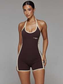 Musera Sport Contrast Colour Scoop Front Side Stripe Low Back Fitted Active Unitard Butter Yellow Fall Winter Autumn Gym Pilates Fitness Daily Casual - Mocha Brown - View 1
