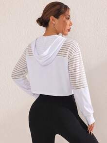 Streetz SHEIN Sport Color Block Striped Cropped Sweatshirt Patchwork Striped Fabric On Shoulder And Upper Sleeves, Solid Fro - White - View 2