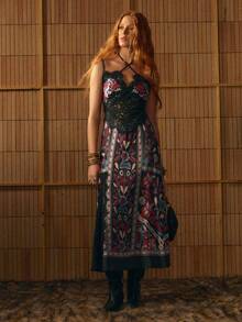 MOTF STUDIO WOMEN'S SUMMER FLORAL PRINT CONTRAST LACE CRISS-CROSS KNOT HALTER NECK DRESS - Black - View 6