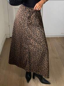 Livesso Rok Denim Panjang Model A-Line Pinggang Tinggi Motif Leopard untuk Wanita, Cocok untuk Musim Gugur/Dingin - Coklat - View 3