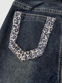 ROMWE J-Fashion Y2K Low Waist Retro Leopard Print Faux Fur Patchwork Denim Capris - Black - View 4