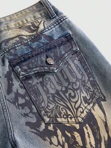 ACID BLVD Celana Jeans Denim Longgar Potongan Lurus Gaya Vintage Washed, Motif Sayap Malaikat Bunda Maria Streetwear Punk Y2K Sepanjang Musim, Motif Bunga dan Slogan, Dicetak di Seluruh Permukaan - Biru - View 8