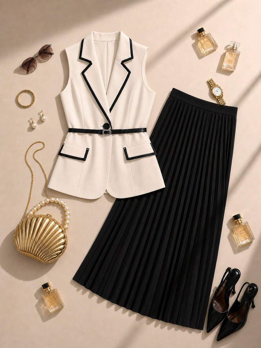 Formidée Plus Size Women Spring/Summer Contrast Trim Blazer Vest + High Waist Pleated Skirt Set, Premium Commuter Elegant Two Pieces Outfit - Multicolor - View 1