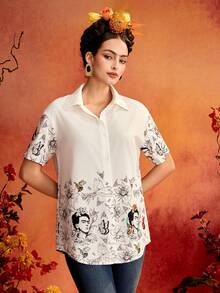 Glamance Frida Kahlo X SHEIN Women's Floral Print Casual Versatile Everyday Outing Blouse - White - View 3