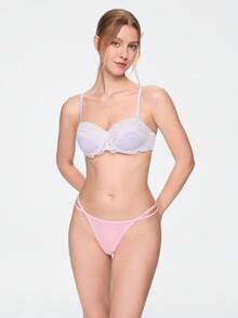 Bonmuse Push-Up Balconette Underwired Molded 1/2 Cup Strapless Floral Lace Women's Bra, Pink & White, Suitable For Vacation & Party - Mauve Purple - View 3