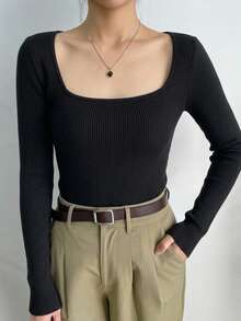 DAZY Sweater Pullover Wanita Lengan Panjang Kerah Persegi Warna Polos untuk Bisnis Kasual - Hitam - View 2