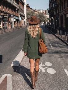 SHEIN LUNE Jaket dengan Lengan Jacquard Pom Pom 3D, Patchwork Ruffle, dan Manset Berenda, Cocok untuk Pemakaian Sehari-hari, Liburan, Kasual, Perjalanan, dan Kencan. - Dark Green - View 3
