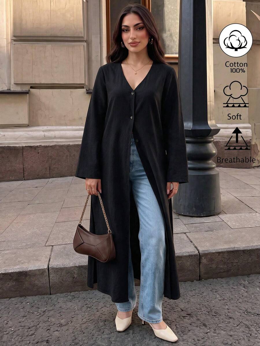 Elenzga Kemeja Kimono Lengan Panjang Linen Hitam Bertekstur, Kerah V, Tepi Alami, Kancing Depan, Gaya Bohemian Kasual dan Sederhana, 100% Katun, Musim Gugur/Dingin - Hitam - View 1