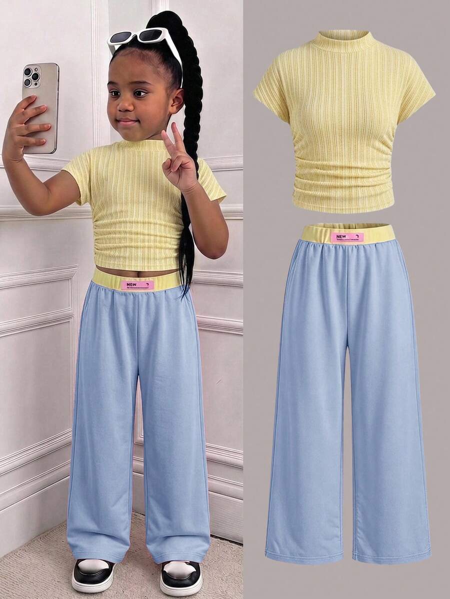 2pcs Set Young Girls Casual Minimalist Striped T-Shirt & Pants Suitable For Summer - Multicolor - View 1