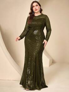 Coutiva Plus Size Sequin Formal Evening Gown - Army Green - View 5