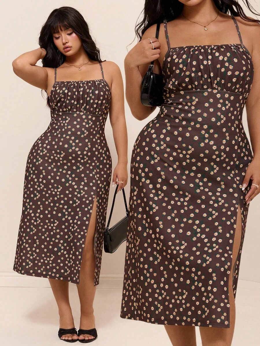 CovetEZ Plus Size Vintage Bohemian Boho Ditsy Floral Casual Dress With Side Slit, Seasonal Wedding Guest Vacation Summer - Brown - View 1