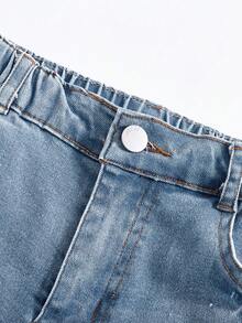 SHEIN 女童牛仔褲 全季復古休閒 Y2K 街頭風 淺藍色 破洞貓鬚水洗 高彈力棉喇叭褲 顯瘦修身 校園風 - 中等水洗藍 - 查看 5