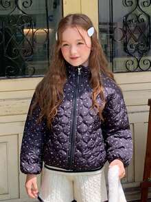 DAZY Tween Girls' Black And White Polka Dot Stand Collar Japanese-Korean Style Loose Thick Winter Coat Jacket Fall - Black - View 4