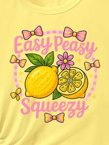 Girls' Fashion Fresh Lemon Flower Pink Bow Letter Pattern Printed Basic Flying Sleeve Short T Plus Cycling Pants Set - Multicolor - View 7