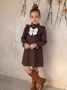 Emery Rose Kids Emery Rose Kids 女童可愛度假休閒杏色花卉圖案蝴蝶結長袖寬鬆洋裝，秋季花卉洋裝 - 卡其色 - 查看 9