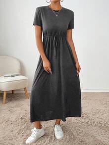 SHEIN Essnce Gaun Wanita Lengan Pendek Kasual Kerah Bulat Warna Polos dengan Kantong Lipat - Dark Grey - View 4