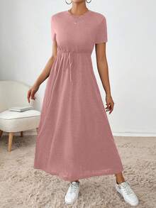 SHEIN Essnce 女式纯色圆领短袖腰带口袋长款休闲连衣裙 - 粉色 - 查看 5