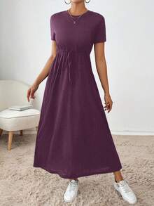 Dayvera Women's Casual Versatile Solid Color Drawstring Waist Short Sleeve Dress - Violet Purple - View 3