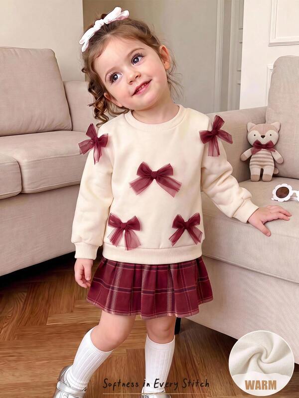 Cozy Pixies Baby Girls Dresses Autumn/Winter Fleece Lined Round Neck Pullover Long Sleeve Dress, 2 In 1 Sweatshirt Spliced Scottish Red Plaid With Mesh Bow, Simple And Cute