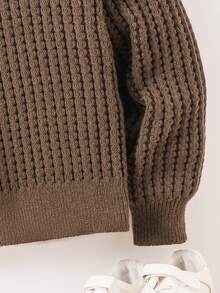 SHEIN Teen Boys' Crew Neck Textured Knit Sweater,Minimalist Solid Color Brown Pullover Top For Autumn - Brown - View 4