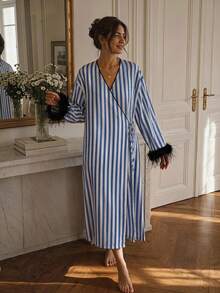 DAZY Summer & Autumn Charming Striped Plush Cuff Loose Fit Women's Robe - Blue - View 5