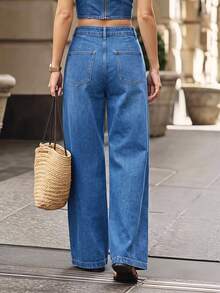 Balvessa Women's 2 In 1 Design Pocket Wide Leg Loose Casual Denim Jeans - Blue - View 2