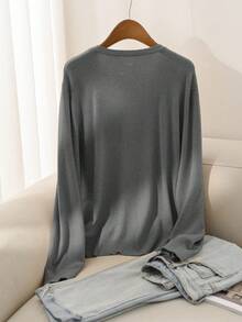 CosyJoli Plus Size Women's Solid Color V-Neck Front Button Casual Long Sleeve Basic Cardigan, For Winter Fall - Grey - View 2