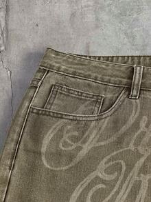 AXEPEAK Quần short denim nam giặt mài rách in chữ - Màu xanh lá cây đậm - Xem 4