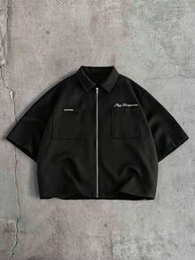 AXEPEAK 男士刺繡口袋拉鍊襯衫與鈕扣口袋長褲套裝 - 黑色 - 查看 8