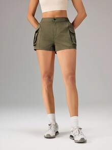 OutZeal Women Sports Shorts Gym Workout Back Elastic Waist With Pockets Cargo Shorts - Army Green - View 7