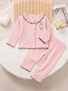 2pcs/Set Spring Autumn Winter Girls Toddler Home Wear Soft Comfortable Pink Double Layer Crepe Fashion Black Polka Dot Print With Cute Bunny Bow Embroidery Black Contrast Trim Ruffle Collar Long Sleeve Cardigan And Long Pants Set Early Autumn Thin Loungewear Pajamas - Baby Pink - View 3