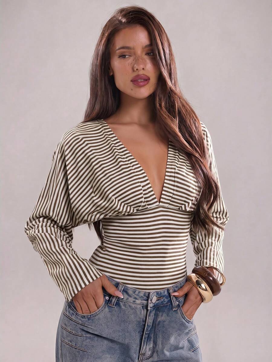 SHEIN BAE 女款深V領條紋拼接休閒日常上衣 - 咖啡棕 - 查看 1