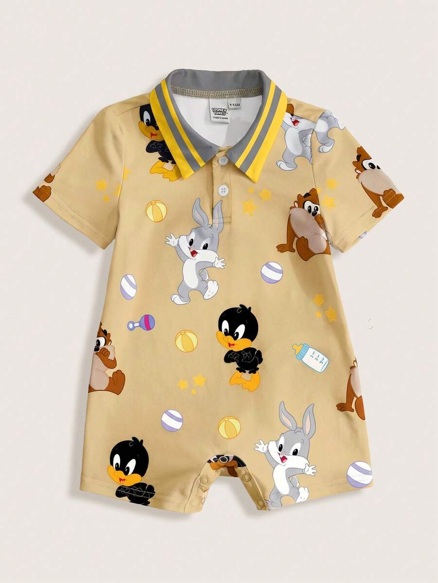 LOONEY TUNES X SHEIN 1件休闲风婴幼儿男童连体衣,舒适翻领婴幼儿男童连体衣,联名款婴幼儿男童连体衣 - 黃色 - 查看 1