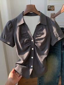 Comfortcana Women's Casual Ruched Short Sleeve Striped Shirt, Commute, Summer Clothing, Streetwear, Suitable For Daily Commute, Dating, Gathering, Autumn/Winter, Summer, Party, Wedding, Beach, Graduation Ceremony, Elegant, Casual, Outing, Y2K, Music Festival Outfit, Holiday Clothing, Back To School Outfit - Multicolor - View 6