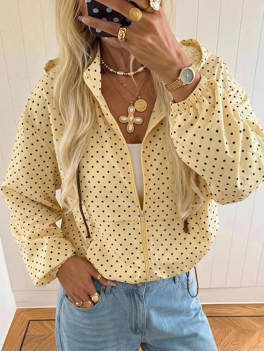 SHEIN EZwear 女款波點圖案長袖拉鍊連帽外套
