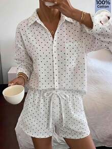 SHEIN EZwear 女款秋季新款休閒度假風黑白波點編織落肩長袖襯衫短褲套裝，適合海灘度假 - 黑與白 - 查看 5