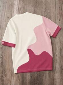 Manfinity Joysei Camiseta de manga corta de uso diario casual y versátil con cuello redondo, estampado de letras y bloques de color para hombres - Multicolor - Ver 2
