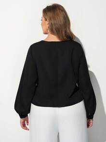 Maija Plus Size Elegant Commuter Solid Color Tie Wrap Blouse - Black - View 2