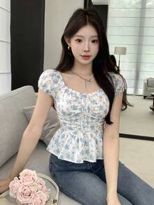 K-Vae 女款春夏休閒韓系小碎花收腰花瓣袖通勤百搭溫柔短袖襯衫 - 藍色 - 查看 3