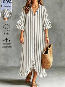 Linhara CURVE Plus-Size Lady's Elegant And Casual Striped Printed Long Dress. Suitable For Holidays, Commutes, Parties And Other Occasions Fall - Black and White - View 1