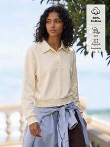 SHEIN BASICS Women's Cream White Polo Collar Long Sleeve Casual Top Cotton Going Out Everyday Travel Everyday Home School Graduation College Outfits Autumn - Light Yellow - View 4