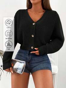 Wovencharm Wovencharm Casual Solid Color Cropped Cardigan, Autumn/Winter - Black - View 2
